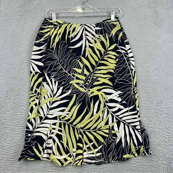 Talbots Silk Skirt Womens 8 Green Black‎ Hawaiian Palm Leaf Summer Business $118 - Picture 4 of 12